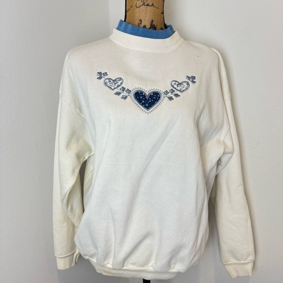 Vintage 90s Cream Sweatshirt with Blue Heart Design double collar crewneck - Picture 2 of 4